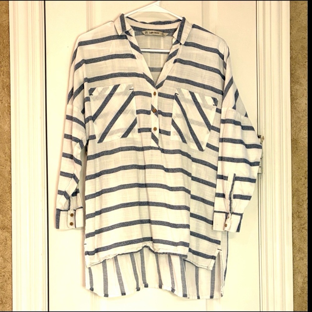 Zara Nautical Button Front Striped Tunic Shirt Blue & White Oversized Size Small
